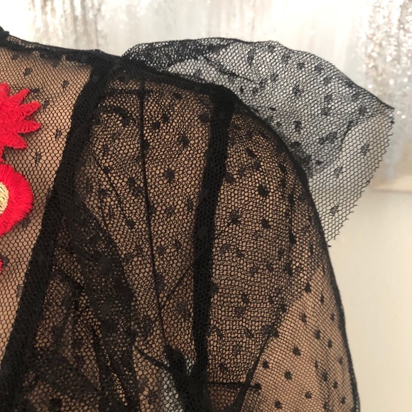 Guess Sheer Black Mesh Top w Floral Embroidery - Picture 6 of 9
